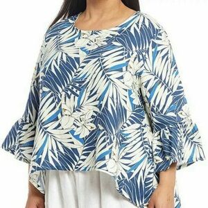 Bryn Walker 100% Linen Hibiscus Print Blouse Vacation Art to Wear Boho Womens XS